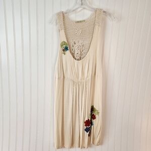 Caite cotton and crochet midi dress in ivory with embroidered flowers.